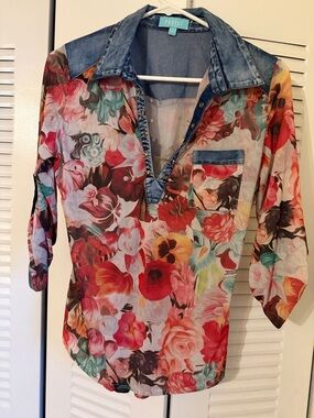 Pastels Denim-Collar Floral Sheer Blouse - Red Pink Green